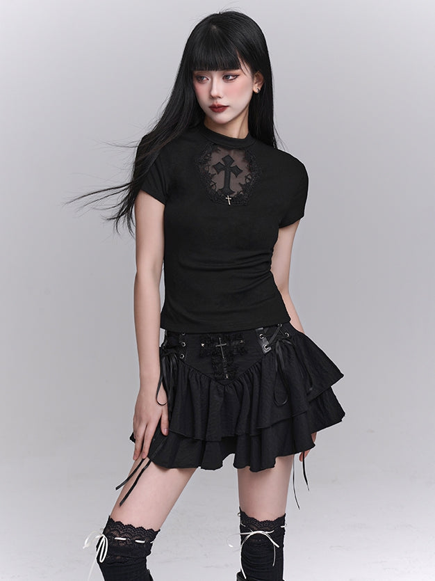 Black Coffin-shaped Cutout Cross Applique T-Shirt