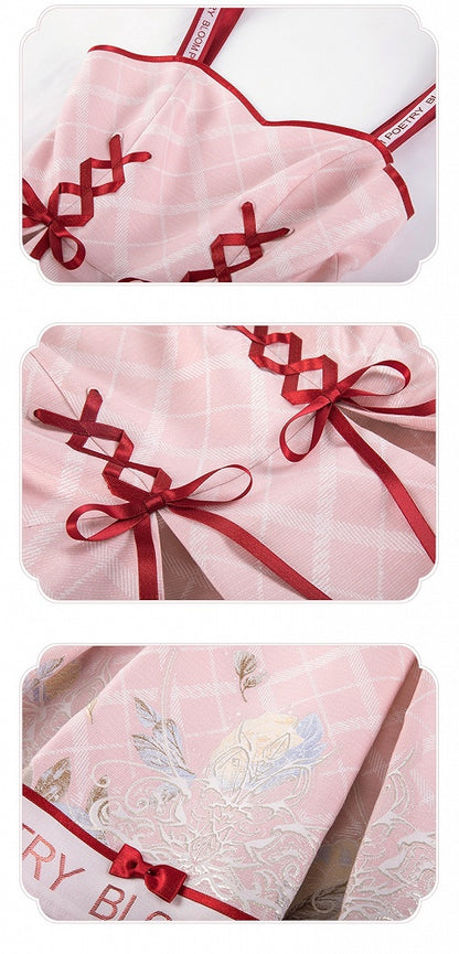 Pink and Red Trimming Lace-up Front Lolita Jumper Skirt