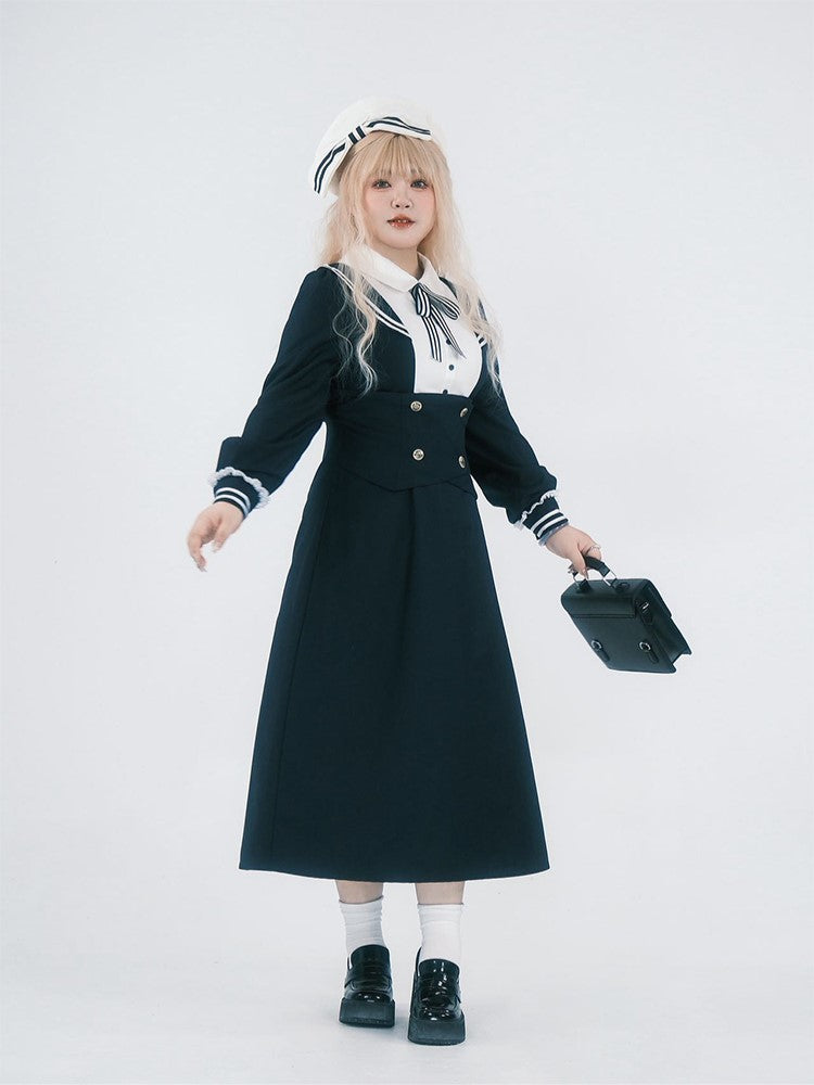 Plus Size JK Uniform Preppy Black Faux Two-Piece Midi Dress with Sailor Collar & Striped Accents
