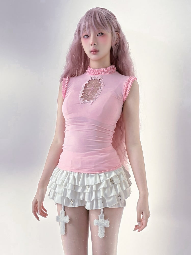 White Elastic Waist Tiered Ruffles Metal Cross Embellished Skort with Cross Charms