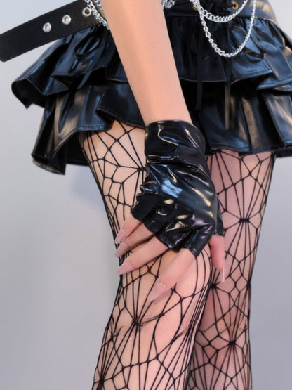 Cyberpunk Gothic Black/Silver PU Fingerless Gloves