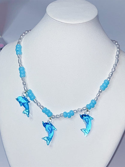 Blue Y2K Dolphin Pendant Beaded Necklace