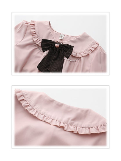 Plus Size Pink Ruffle Trim Blouse with Peter Pan Collar & Heart Button
