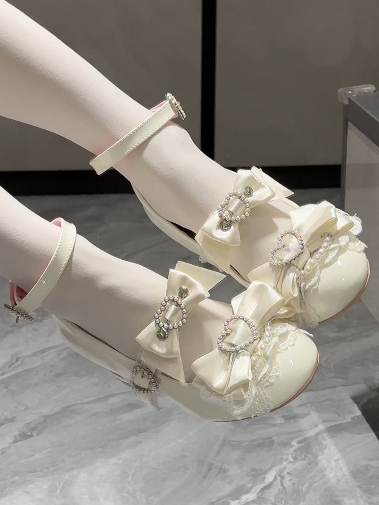White Bow at Top Heart Cut-out Heels Mary Janes