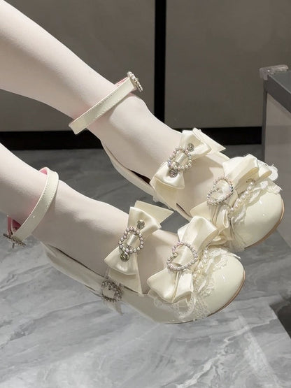 White Bow at Top Heart Cut-out Heels Mary Janes