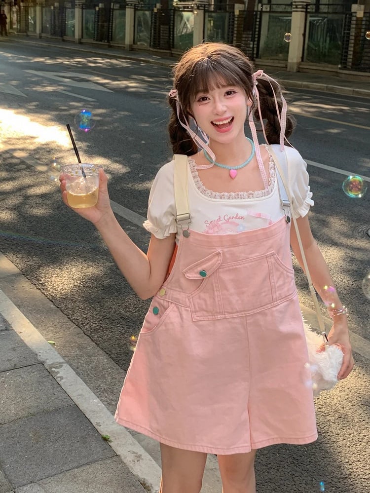 Candy Color Pink/Mint Green Denim Overall Shorts