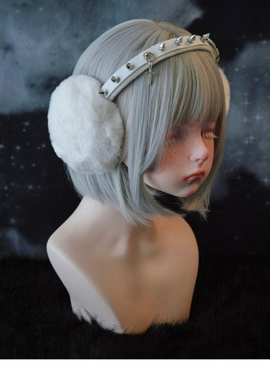 White Handmade Studs Cross Buckle Plush Earmuffs