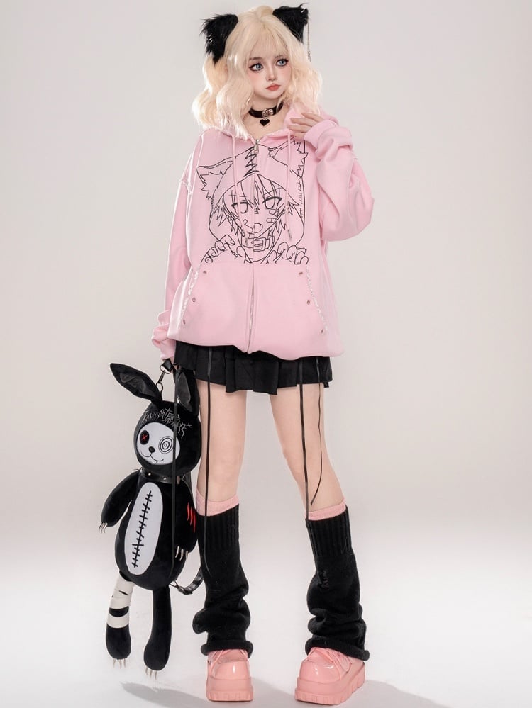 Punk Black/Pink Anime Girl Print Cat Ears Design Zip Hoodie