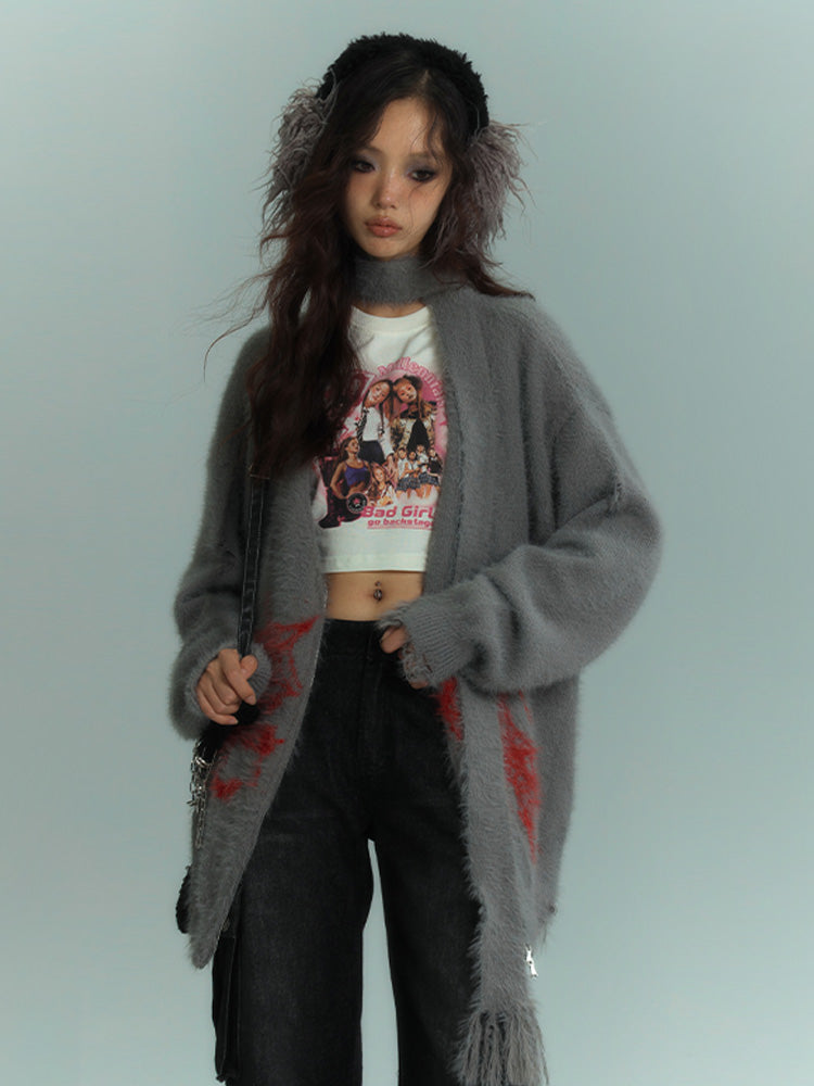 Punk Spiderwebs Gray V-neck Distressed Holes Loose Zip Cardigan with Scarf