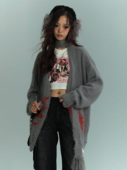 Punk Spiderwebs Gray V-neck Distressed Holes Loose Zip Cardigan with Scarf