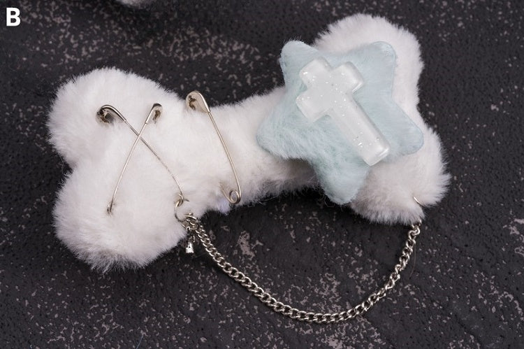 2 Options Star Charm Handmade White Plush Bone Hairclip with Chain