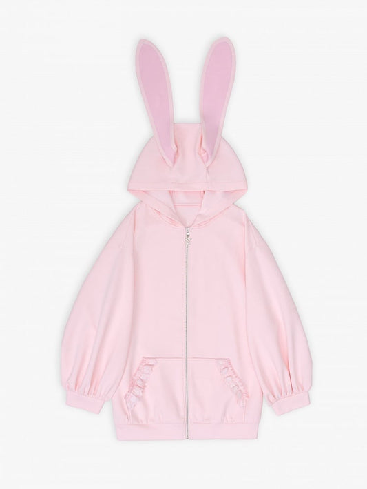 Pink Pouch Front Pockets Zip Up Hoodie with Oversized Bunny Ears