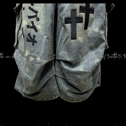 Wasteland Punk Light Blue Cross Appliques Distressed Wide-leg Cargo Jeans