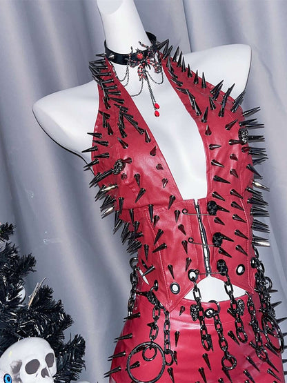 Red Y2K Studs And Skeleton Details Circular Ring Charm PU Halter Neck Top