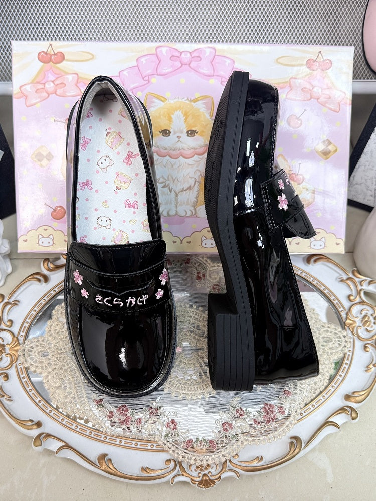 Slip-On Design, Sakura & Japanese Stitching PU Black Low/Mid Heels in Preppy Style