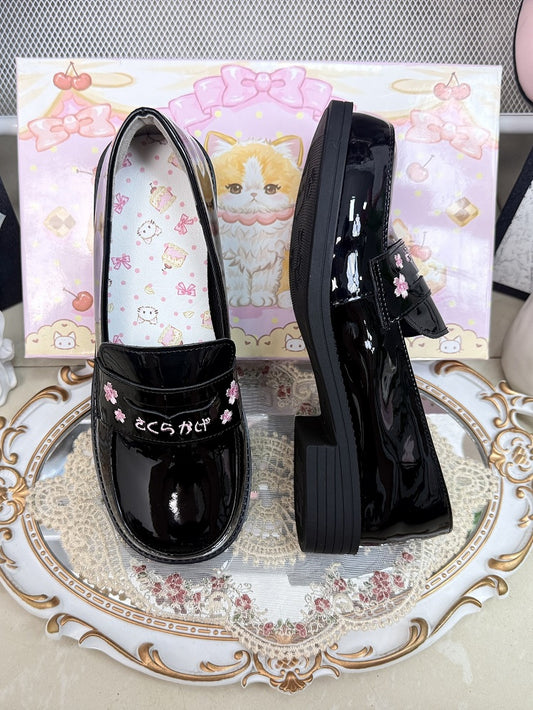 Slip-On Design, Sakura & Japanese Stitching PU Black Low/Mid Heels in Preppy Style