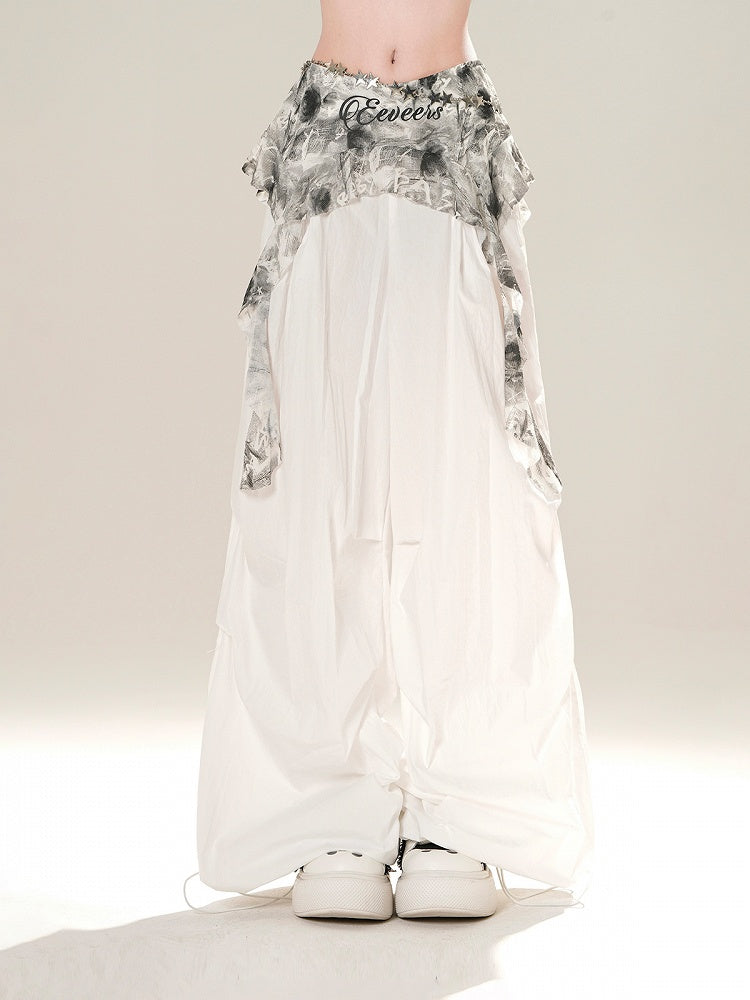 White Elastic Waist Wide-leg Casual Pants with Cascading Ruffles Waist Accessory