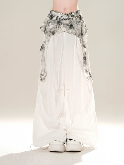 White Elastic Waist Wide-leg Casual Pants with Cascading Ruffles Waist Accessory