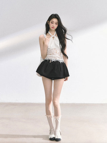 White Lace Patches Waist Self-tie Halter Neck Backless Top
