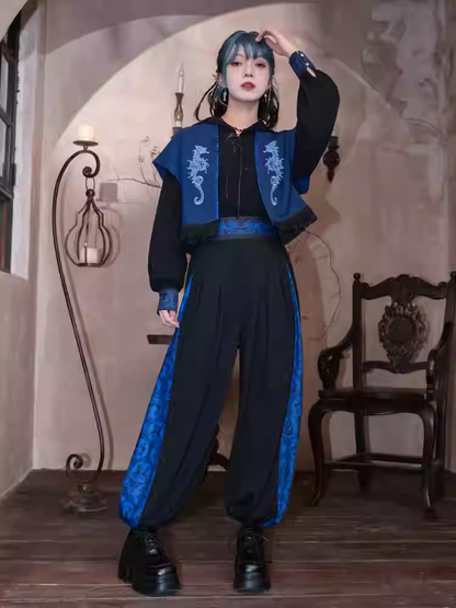 Seahorse Embroidery Tassel Hem Open Placket Blue Cheongsam Style Top