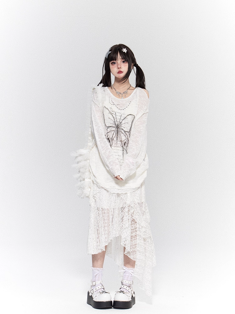 Butterfly Print Cutout Shoulder White/Black/Apricot Semi-sheer Coverup