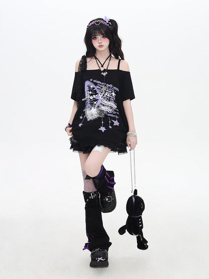 Black Off-the-shoulder Neckline Loose Graphic T-shirt