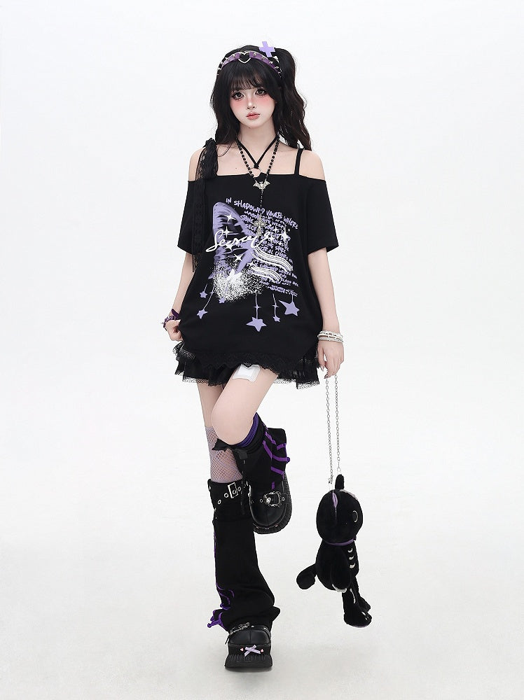 Black Off-the-shoulder Neckline Loose Graphic T-shirt