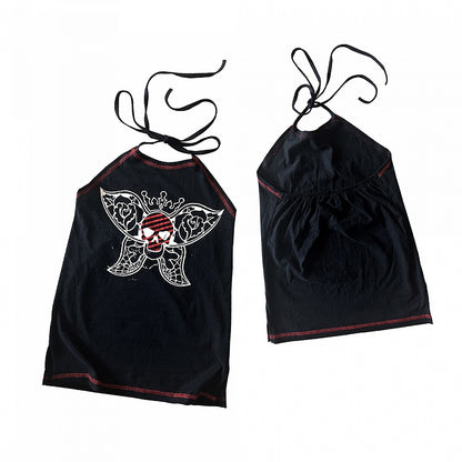 Butterfly Skull Print Black Halter Neck Cami Top