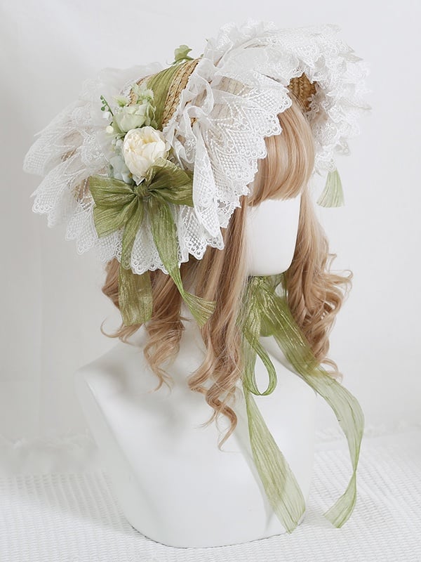 Gorgeous Country Lolita Floral Lace - Trimmed Straw Bonnet with Green Bowknot Decoration