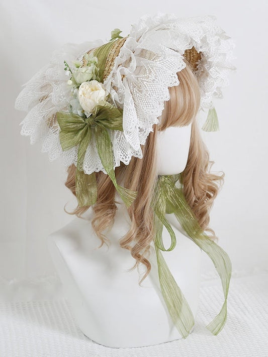 Gorgeous Country Lolita Floral Lace - Trimmed Straw Bonnet with Green Bowknot Decoration