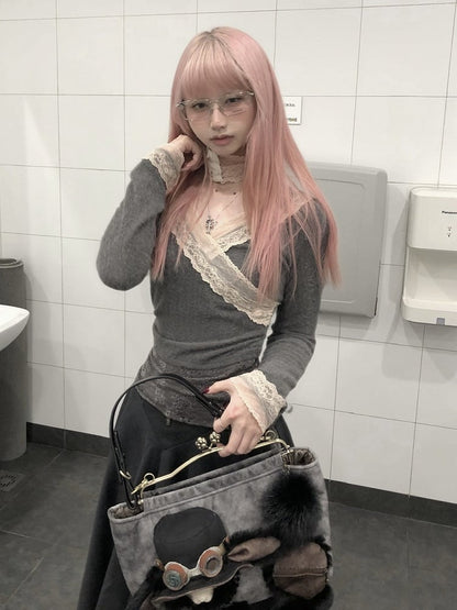 Gray & Pink Lace Trim Crossover Long Sleeve Top