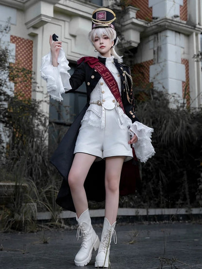 Ouji Fashion Lolita Knight Outfit - Black Long Sleeves Top + White One-shoulder Cape Tailcoat