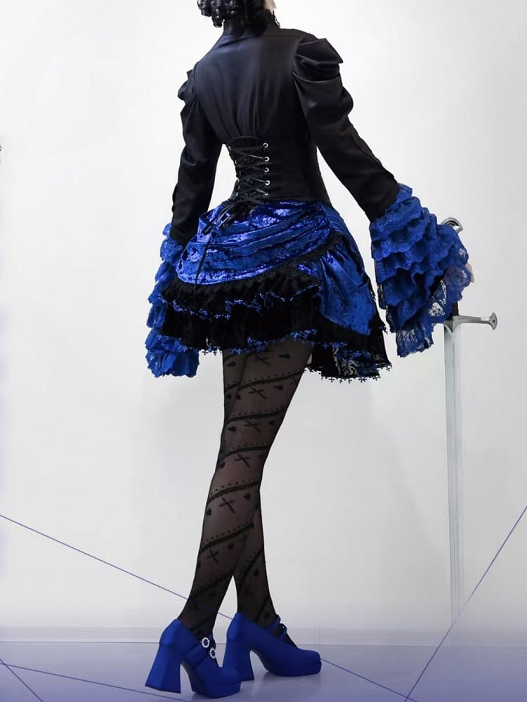 Boned Corset Super High Waist Black and Klein Blue Gothic Lolita Skirt