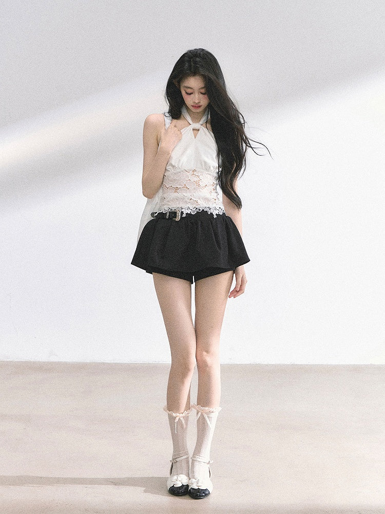White Lace Patches Waist Self-tie Halter Neck Backless Top