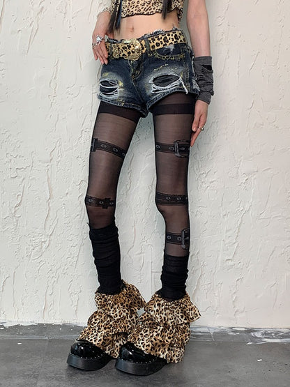 Black Punk Buckle Print Tights＋Leopard Print Leg Warmers Set