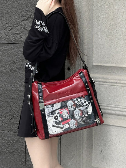 Red & Black Stud Detail Buckle Strap Ita Bag