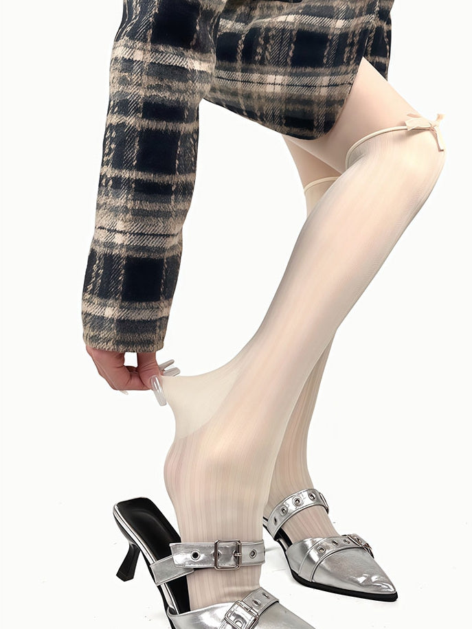Black/Beige Bowknot Decorated Striped Tights