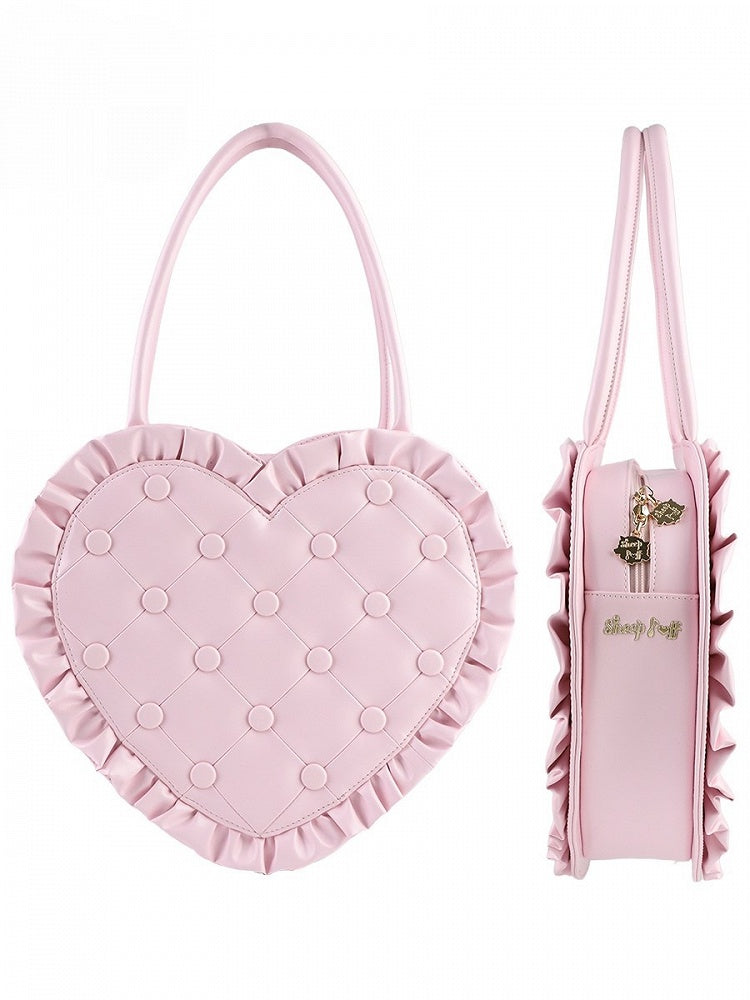 Pink Ruffle Trim Quilted Heart Bag – Elegant Lolita Style Handheld Purse