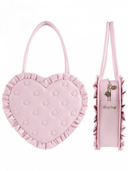 Pink Ruffle Trim Quilted Heart Bag – Elegant Lolita Style Handheld Purse