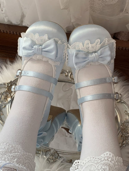 Ruffled Lace, Bow Details & Double Closure Blue Low-heel Mary Janes in Sweet Lolita