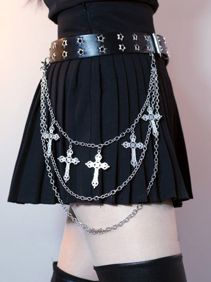 Silver Cross Charm Waist Chain + Black Star Details Waist Belt
