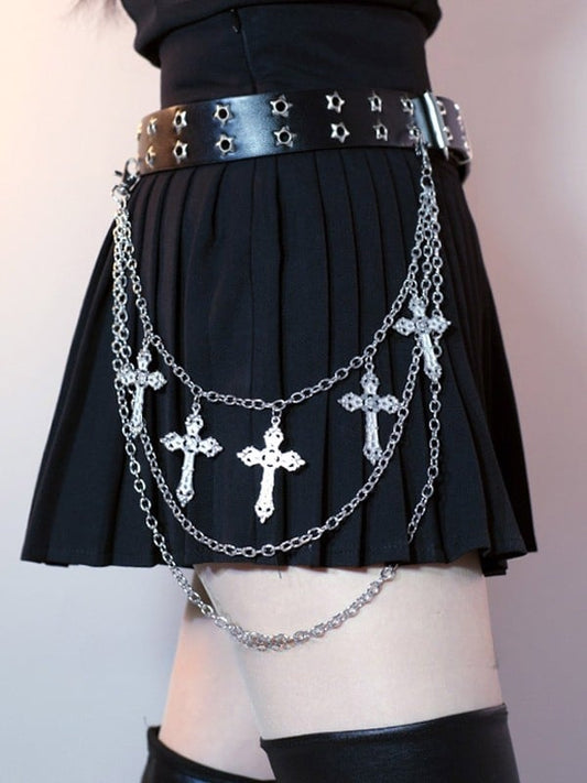 Silver Cross Charm Waist Chain + Black Star Details Waist Belt