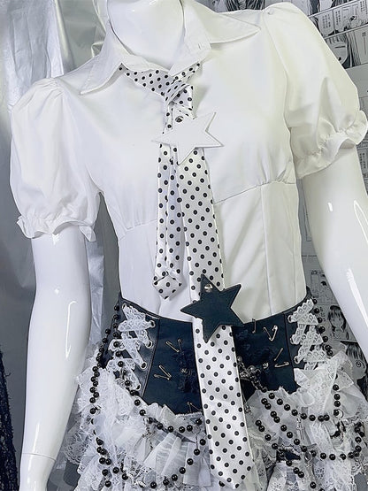 White/Black Y2K Star Applique Polka-dot Pattern Neck Tie