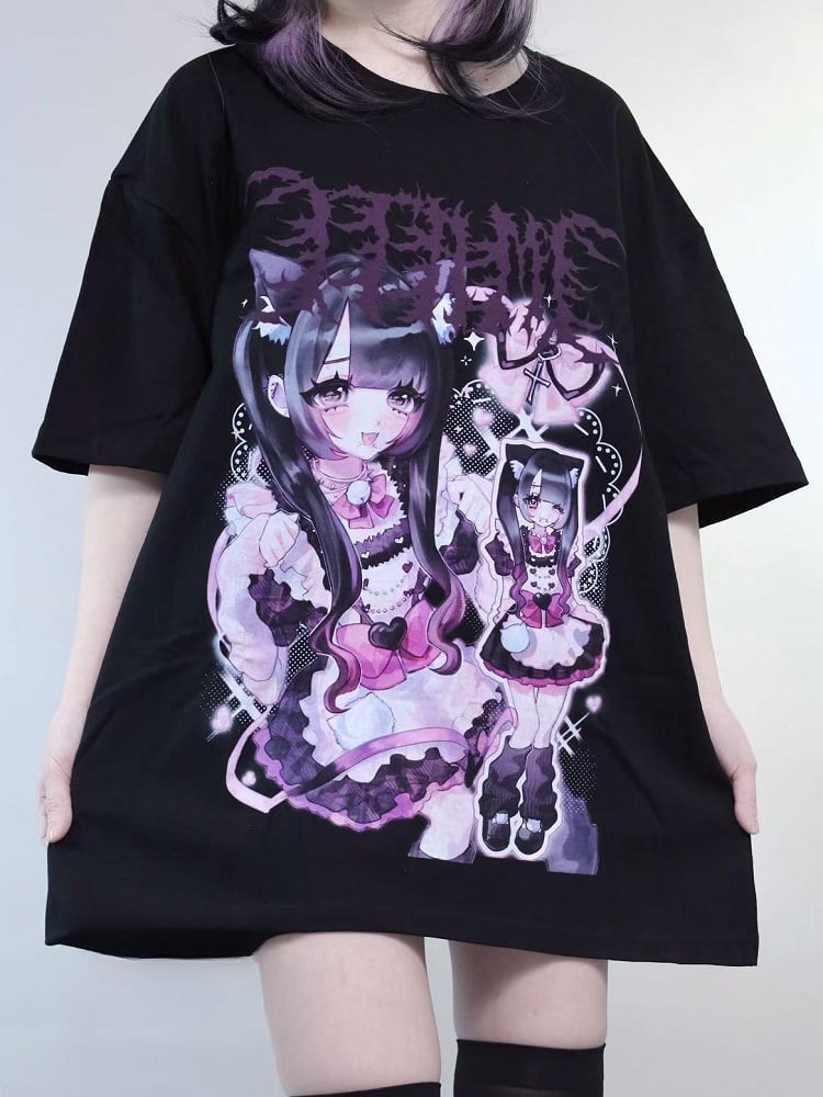 Black Jirai Kei Cartoon Girl Print Round Neck Oversized T-shirt