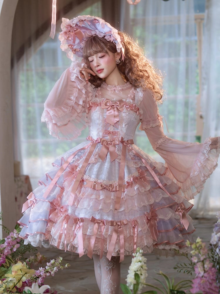 Purple and Pink Bow Accents Tiered Skirt Hanayome Hime Lolita Jumper Skirt