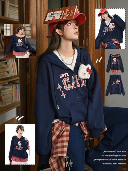 Red Plaid Embroidery Applique Navy Blue Zip-up Hoodie with Detachable Kitty Plushie