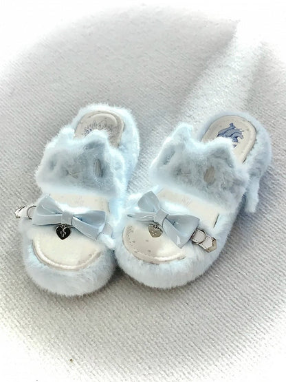 Light Blue Jirai Kei Plush Slippers: Embroidered Cat Design with Platform Sole & Top Bow