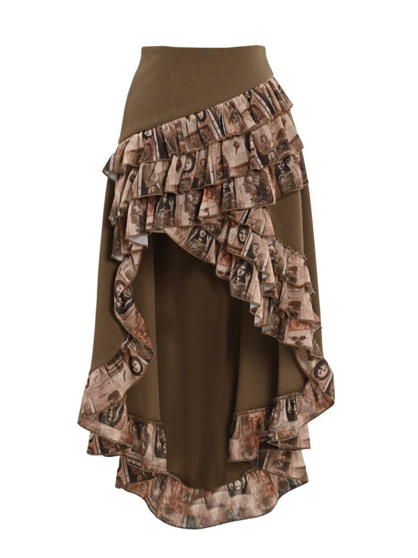 Brown Steampunk Retro Oil Painting Print High-low Skirt Cascading Ruffle Trim