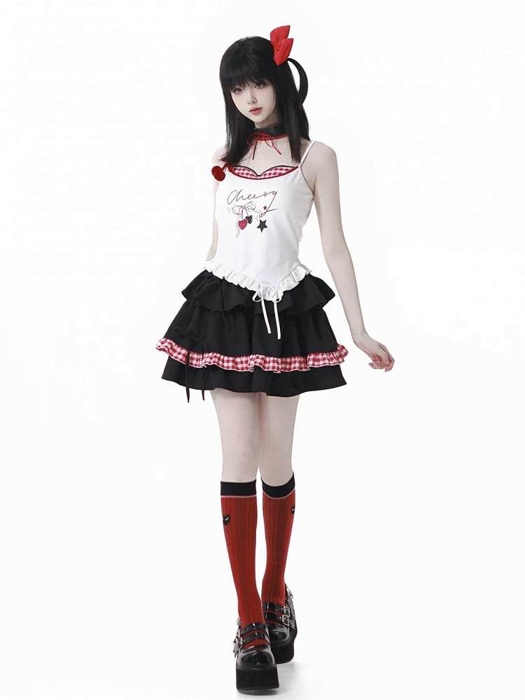 Cherry Charm White Cami Top with Red Plaid Neckline