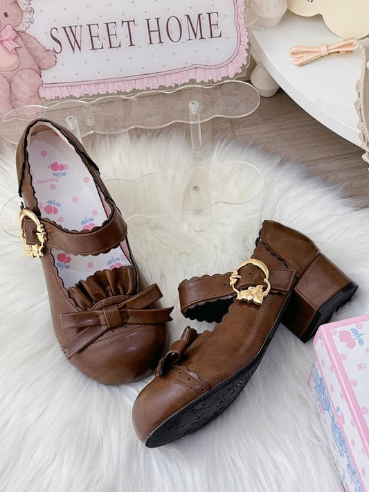 Brown Sweet Lolita Mid-heel Mary Janes - Round ToeDesign with Bow, Ruffle Details & Scalloped Fastener